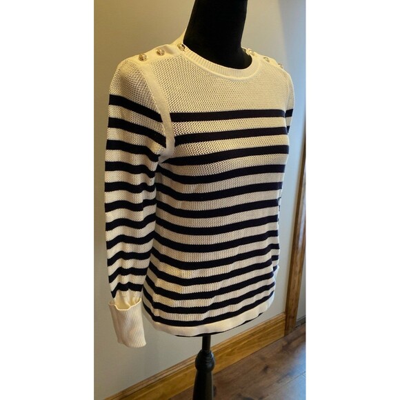 Tommy Hilfiger Sweater Size Medium Crewneck Black & White Striped Lightweight - Picture 3 of 10